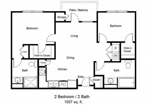 Floor plan for 2 beds, 2 baths, 1037 sqft